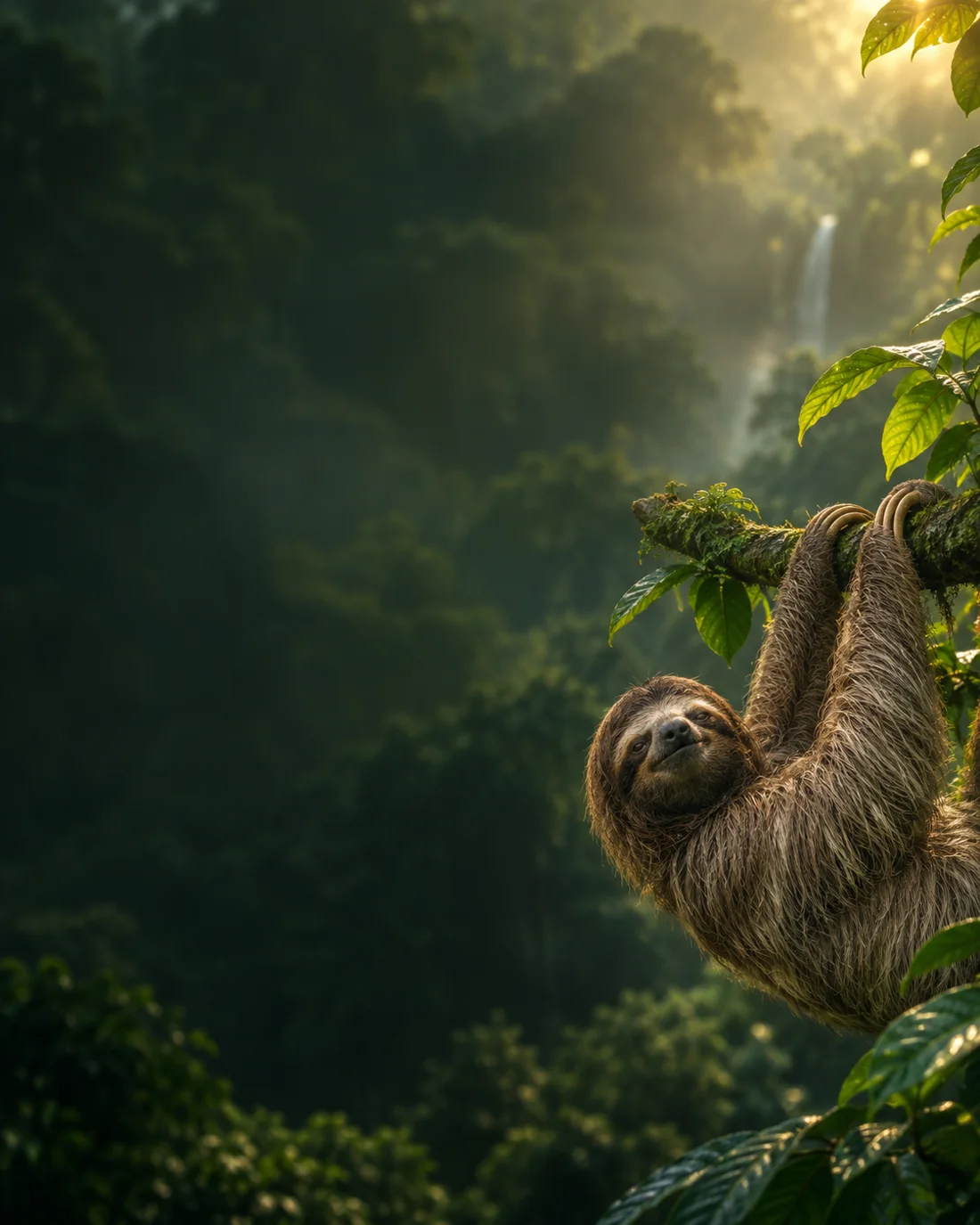 Kungkang bergelantungan santai di dahan pohon hutan pagi